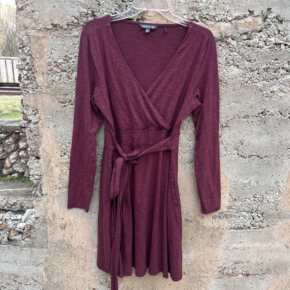 Toad & Co Cue Wrap Dress Size L Solid Organic Cotton Pockets Long Sleeve LS Red